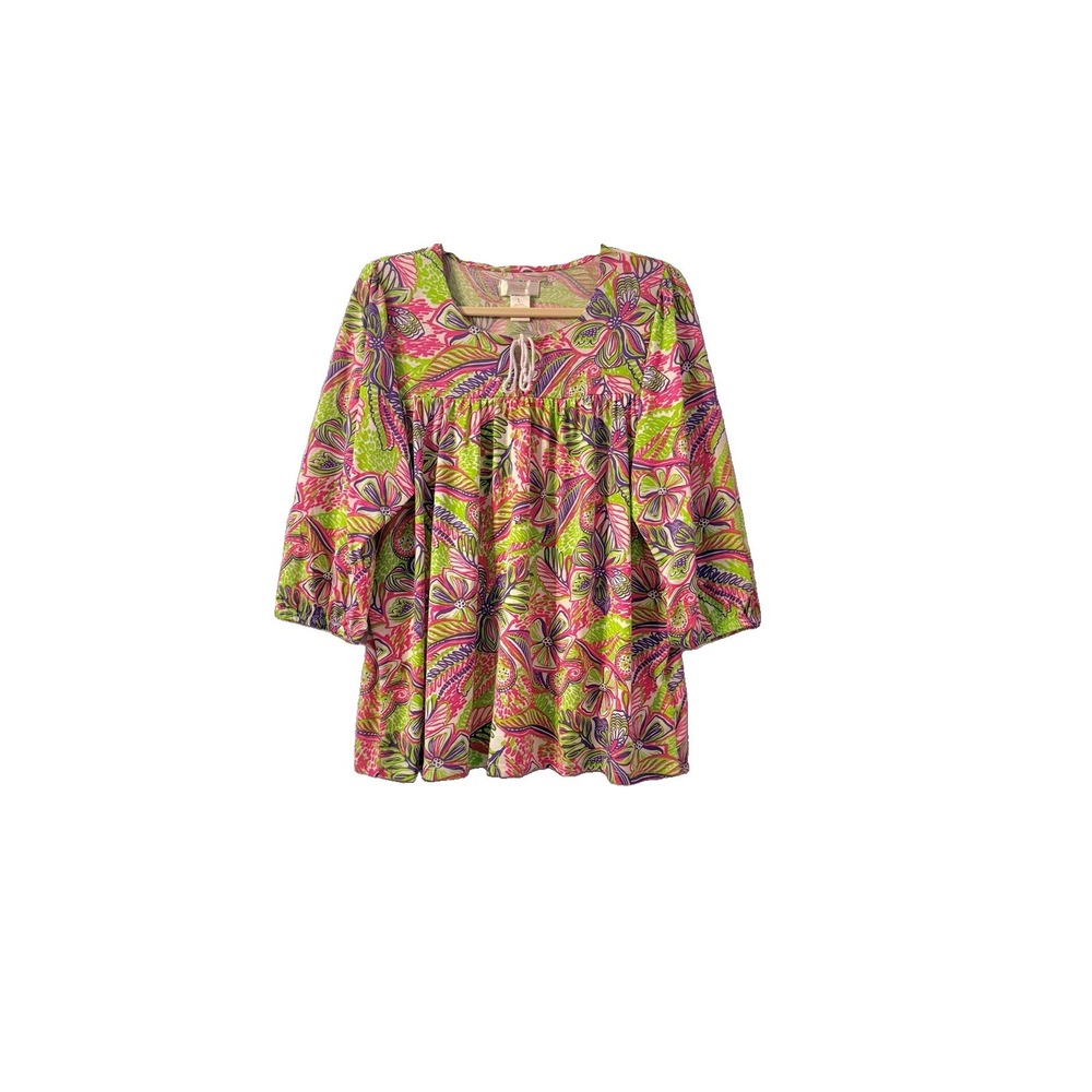 Stella Parker Floral Blouse Top Size L Puff Sleeves Tropical Peasant Resort Boho